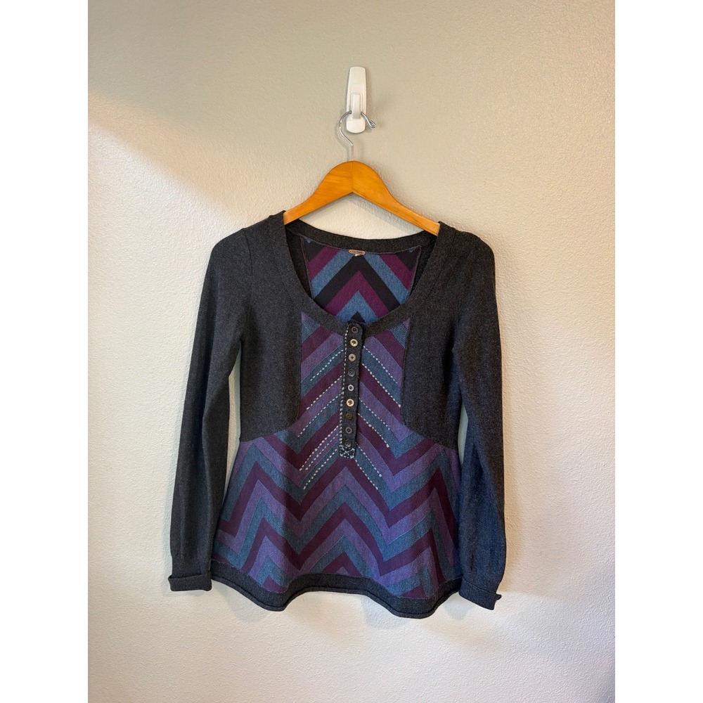 Free People Knit Top Womens Small Purple Chevron Mixed Media Henley Long Sleeve